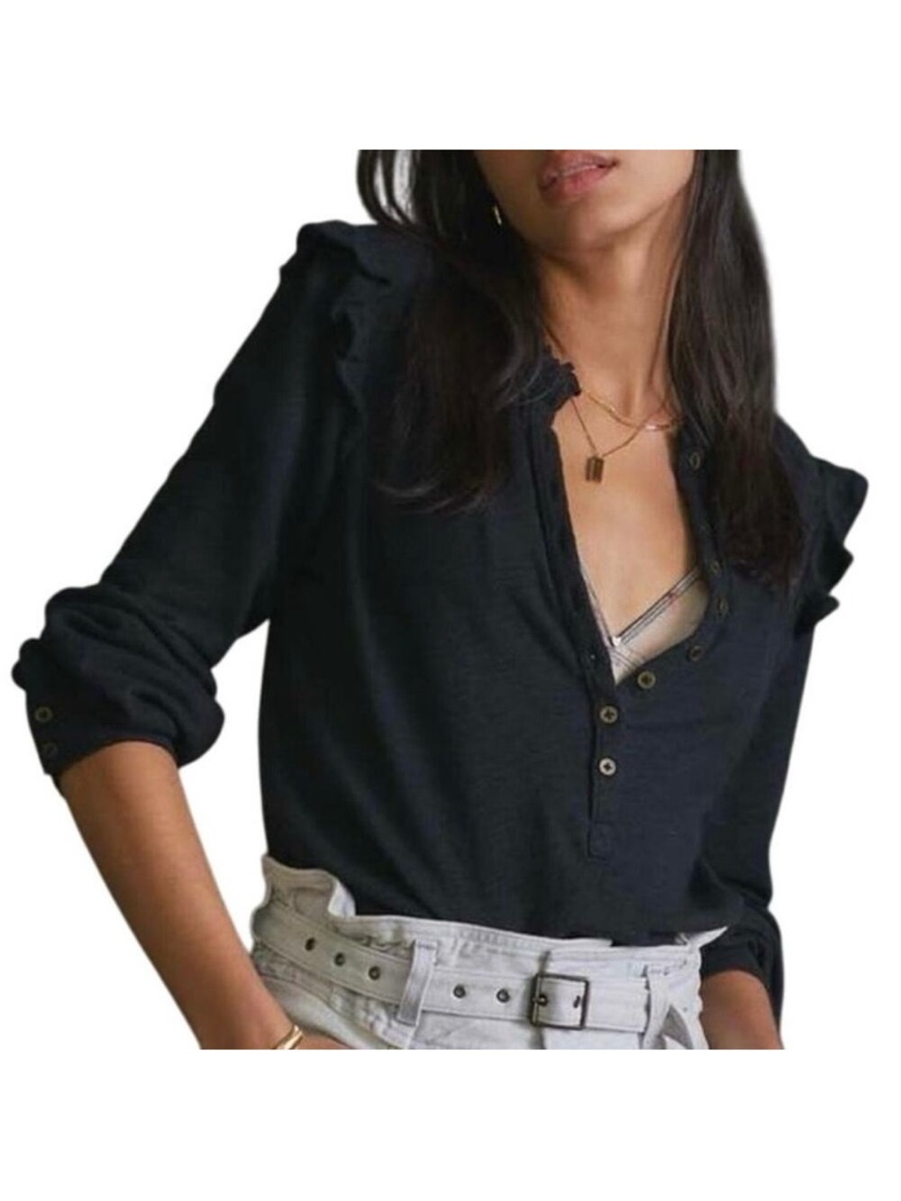 Anthropologie Pilcro Black Long Sleeve Henley Shirt Ruffle Trim Size XSP